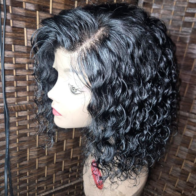 Black curly lace-front bob wig unit