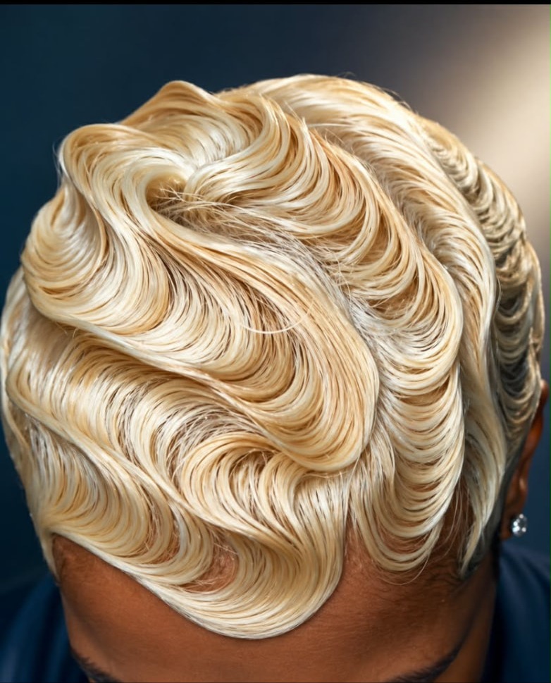 Platinum blonde sculpted wave set, back view