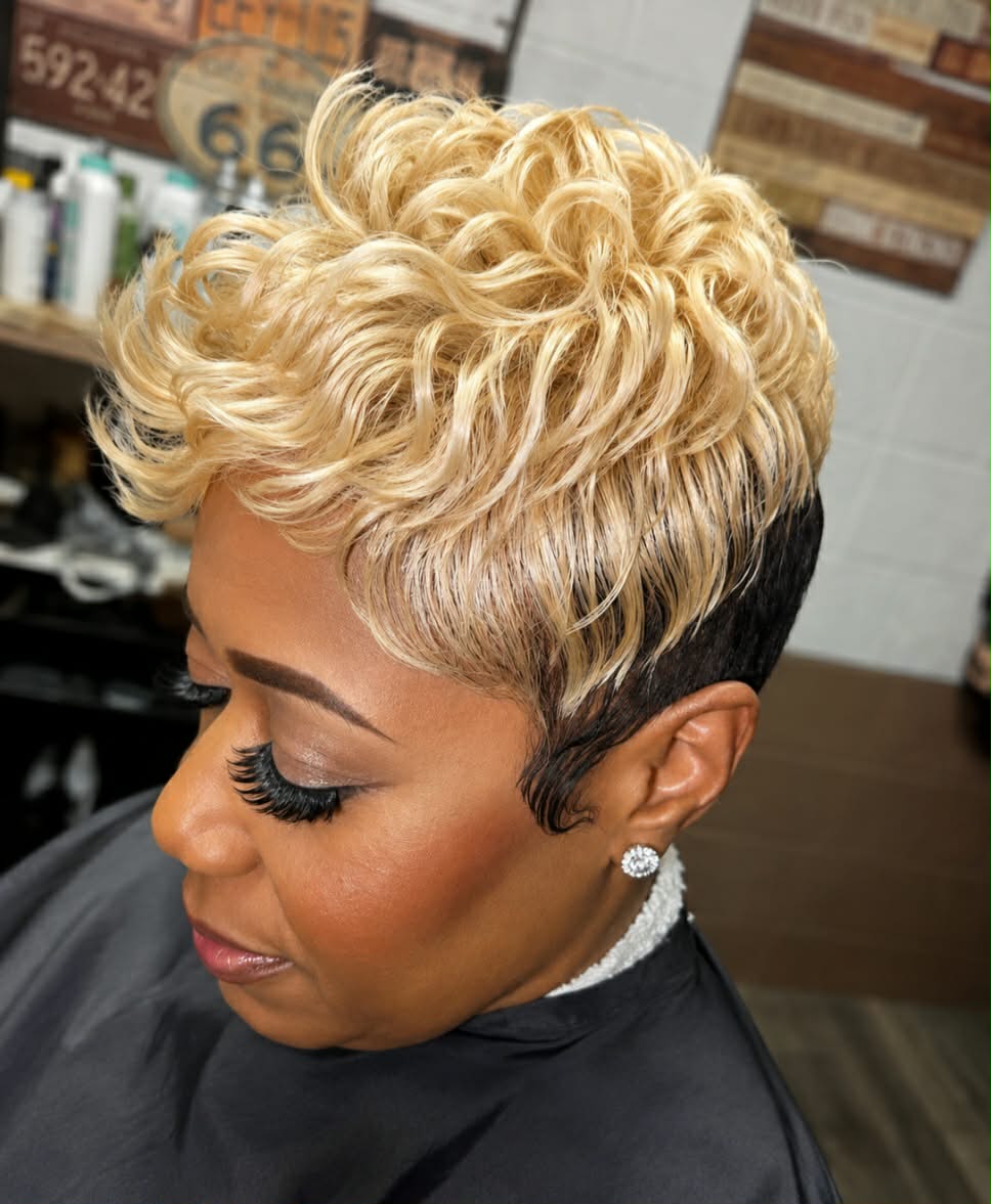 Blonde curly tapered pixie with dark undercut