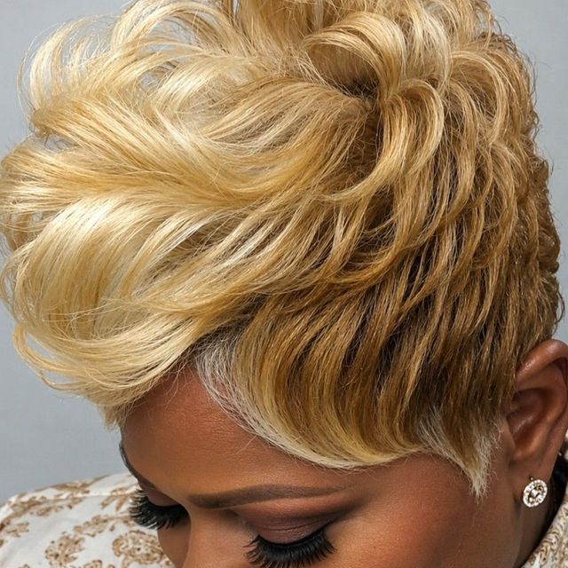 Honey blonde tapered pixie with volume on top